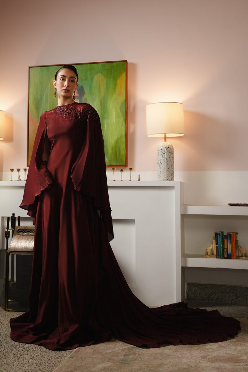 Anqa, burgundy column gown