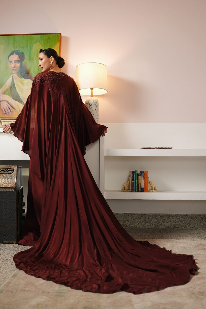Anqa, burgundy column gown