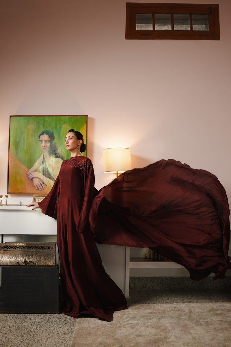 Anqa, burgundy column gown