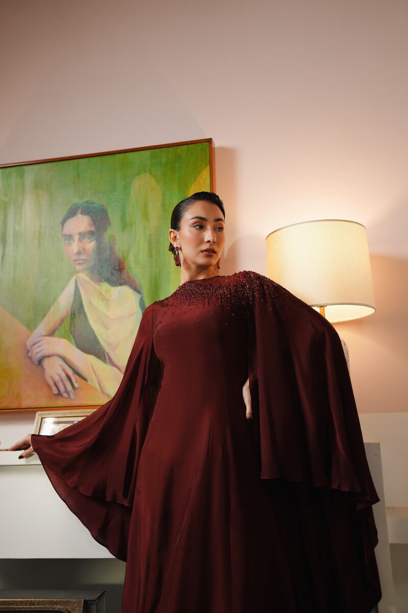 Anqa, burgundy column gown