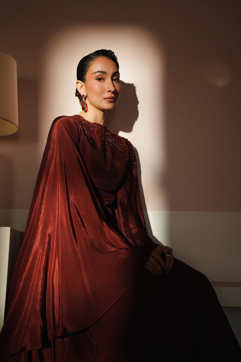 Anqa, burgundy column gown