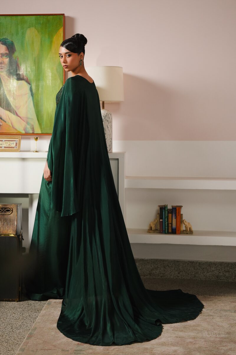 Emeraude, bottle green cape gown