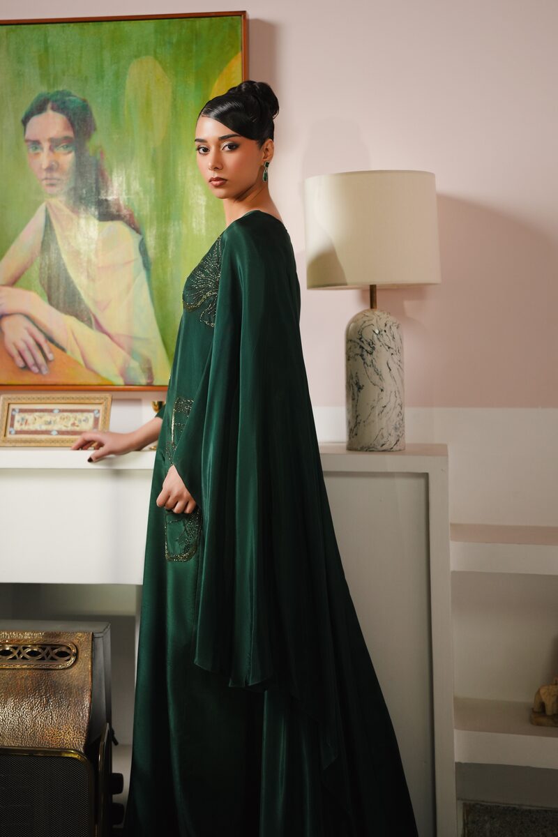 Emeraude, bottle green cape gown