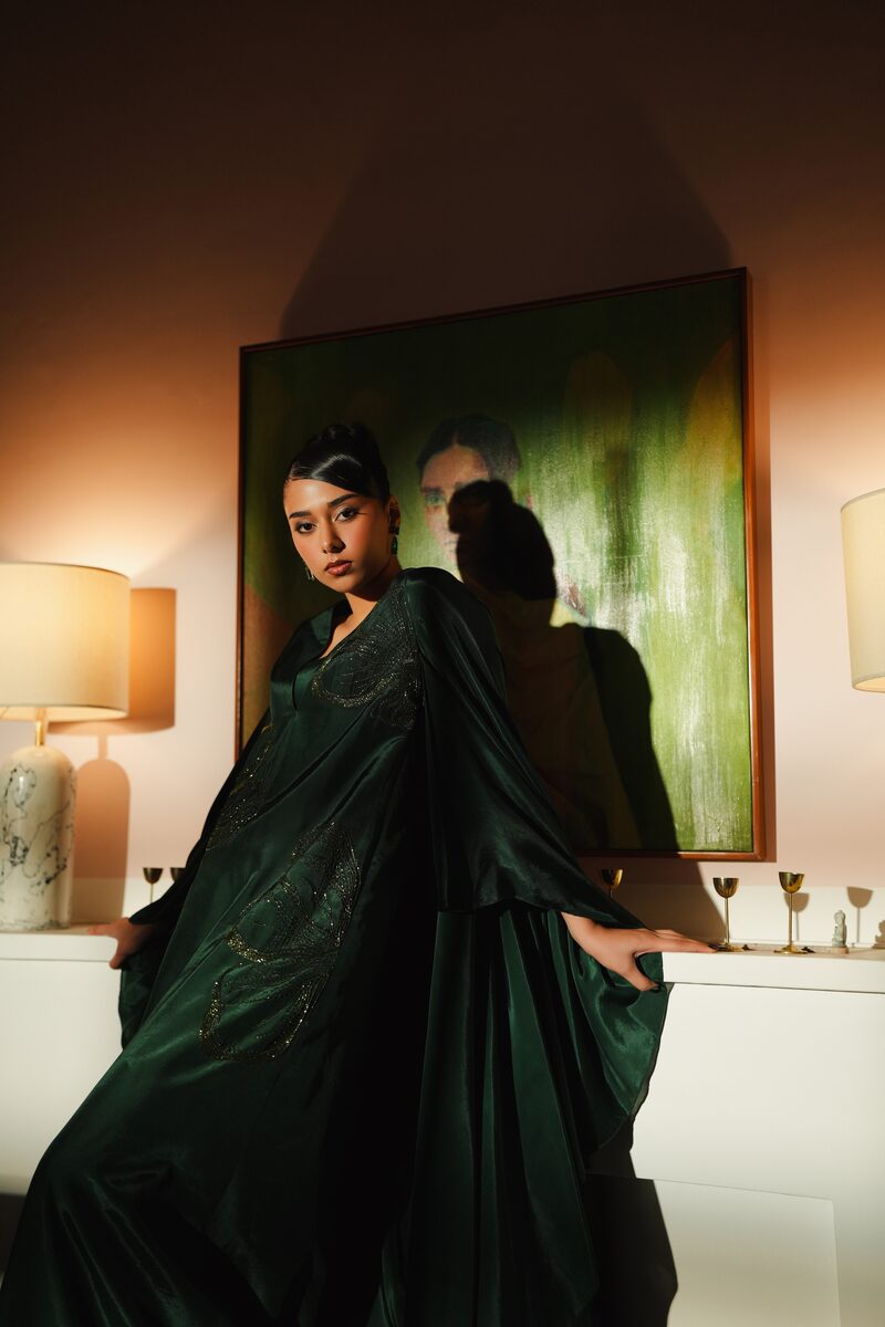 Emeraude, bottle green cape gown