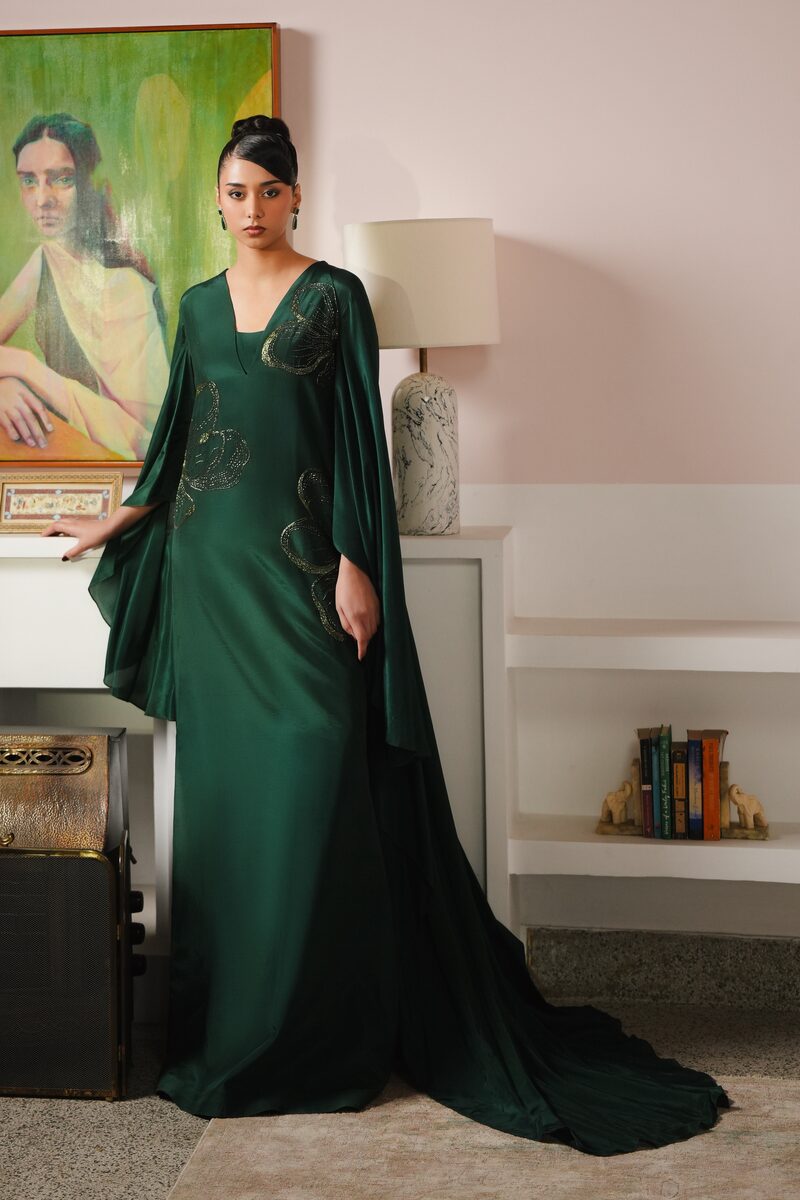 Emeraude, bottle green cape gown