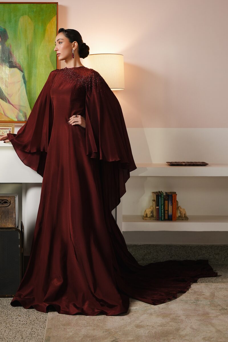 Anqa, burgundy column gown