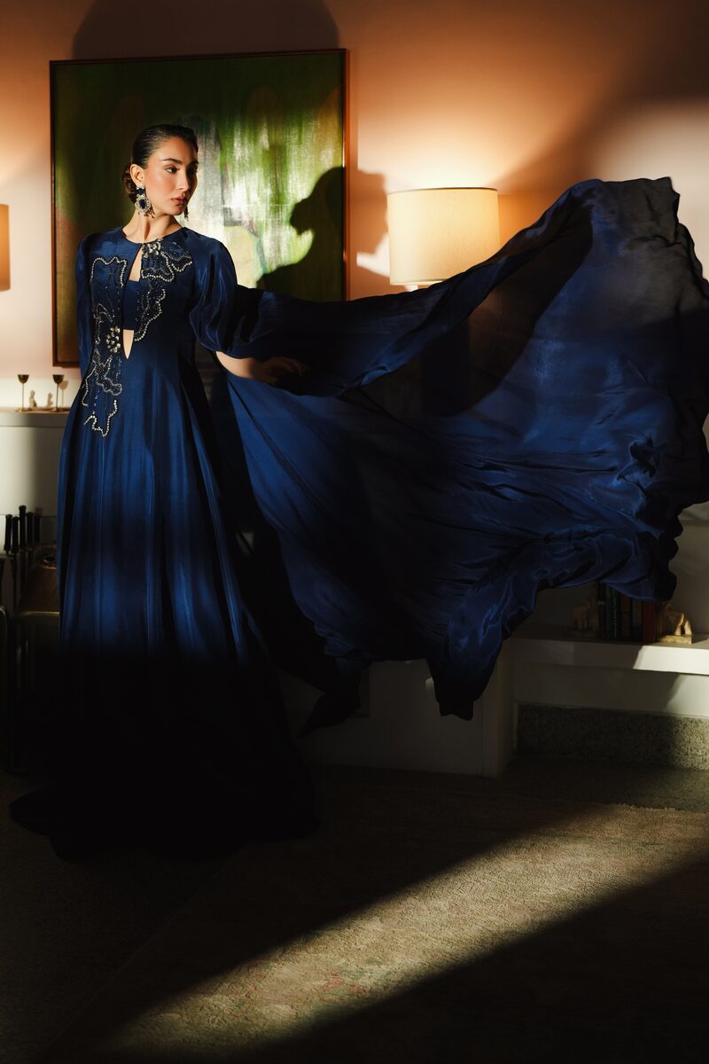 Saltanat, midnight blue cape gown