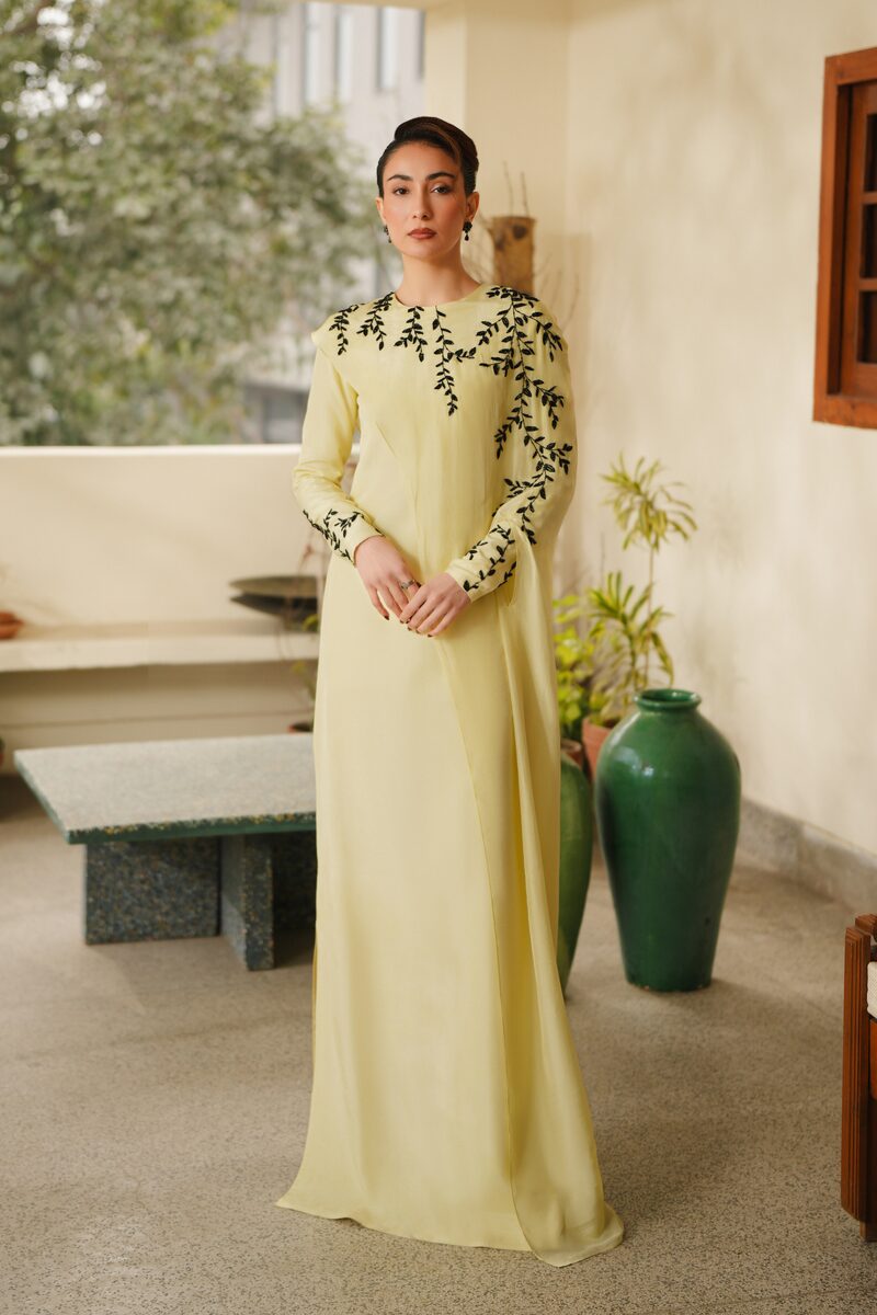 Primrose, butter yellow column gown