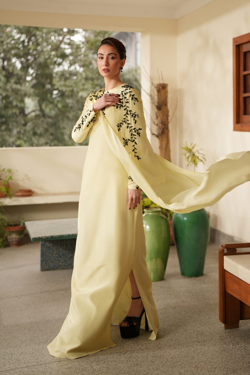 Primrose, butter yellow column gown