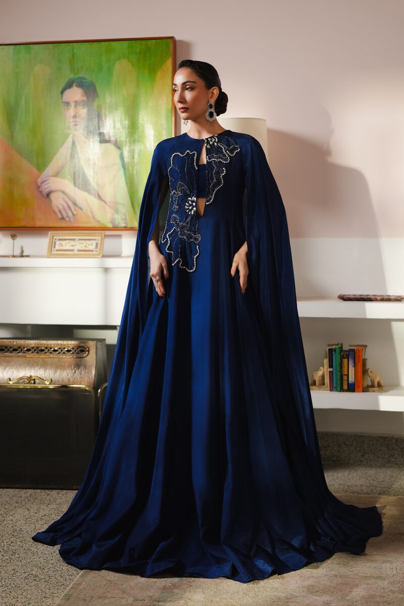 Saltanat, midnight blue cape gown