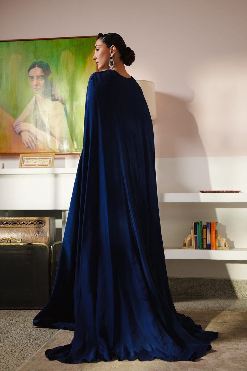 Saltanat, midnight blue cape gown