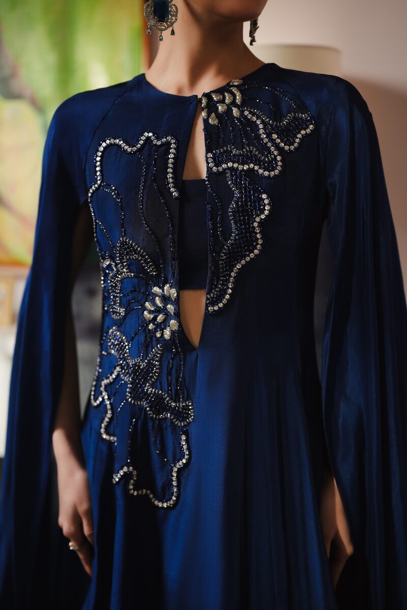 Saltanat, midnight blue cape gown