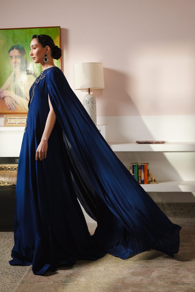 Saltanat, midnight blue cape gown