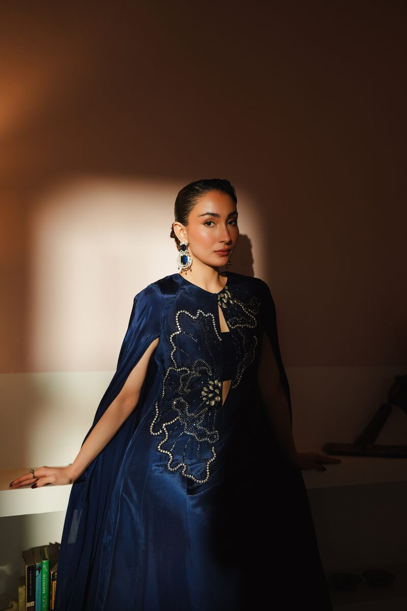 Saltanat, midnight blue cape gown