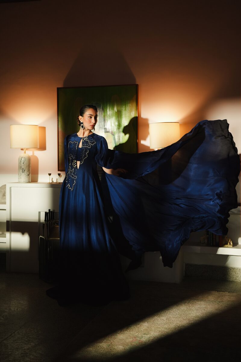 Saltanat, midnight blue cape gown